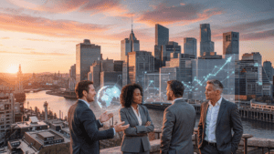 Business professionals discussing investment in New York City skyline.