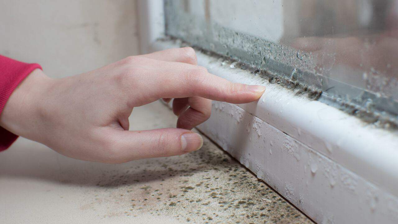 Person checking window seal for property maintenance and insulation.