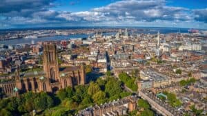 Aerial View of Liverpool, England, UK during Autumn
