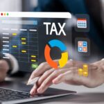 Online tax payment concept. Tax calculation, making income tax return and personal financial account. Businessman pay bills online on website form via laptop.