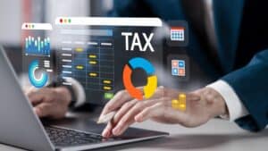 Online tax payment concept. Tax calculation, making income tax return and personal financial account. Businessman pay bills online on website form via laptop.