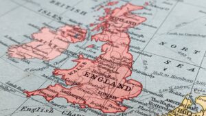 British Isles, England, Ireland, a photo of an atlas map from a 1940 atlas, suitable to illustrate history, travel, trade, politics and economy topics