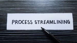 Process streamlining writting on table background.