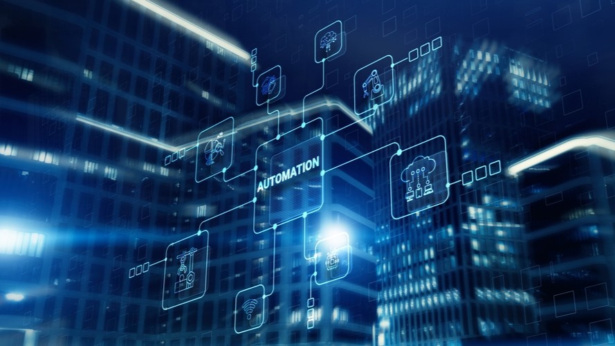 Automation concept. Technology Process System on city background.