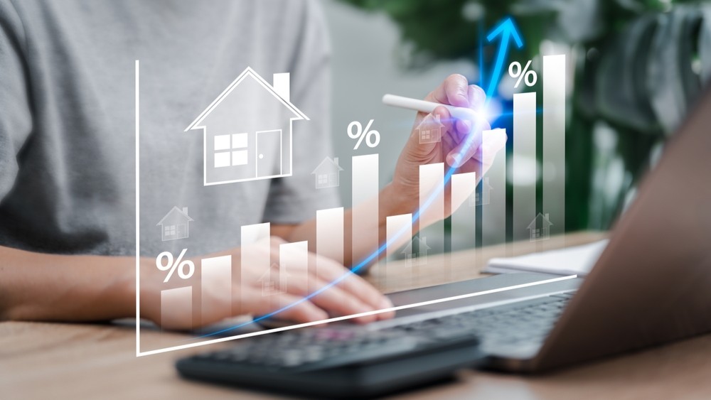 Real Estate Market Growth Analysis Concept, Businesswoman Calculating Property Investment Data, Rental and Purchase Profit Strategy, Market Trends, Financial Planning, Real Estate Development Forecast