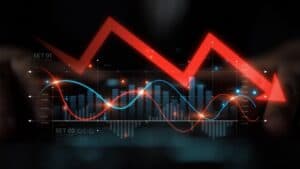 Economic caution visualized with fluctuating market graph, alert symbols, and negative data trends. Represents financial risk, market volatility, and economic uncertainty. Muxer