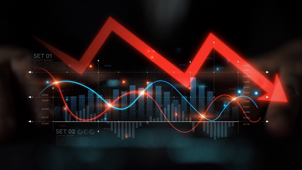 Economic caution visualized with fluctuating market graph, alert symbols, and negative data trends. Represents financial risk, market volatility, and economic uncertainty. Muxer