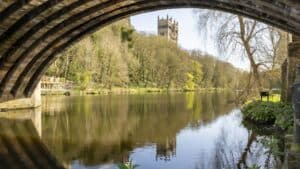 Scenic View of Durham Cathedral and the River Wear, County Durham, England on a sunny Spring Day